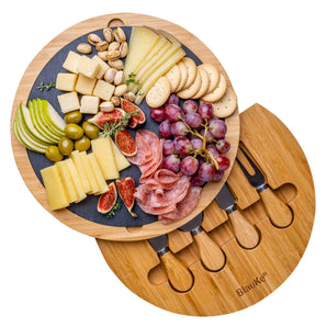 Round Bamboo Cheese Board with Knife Set and Removable Slate